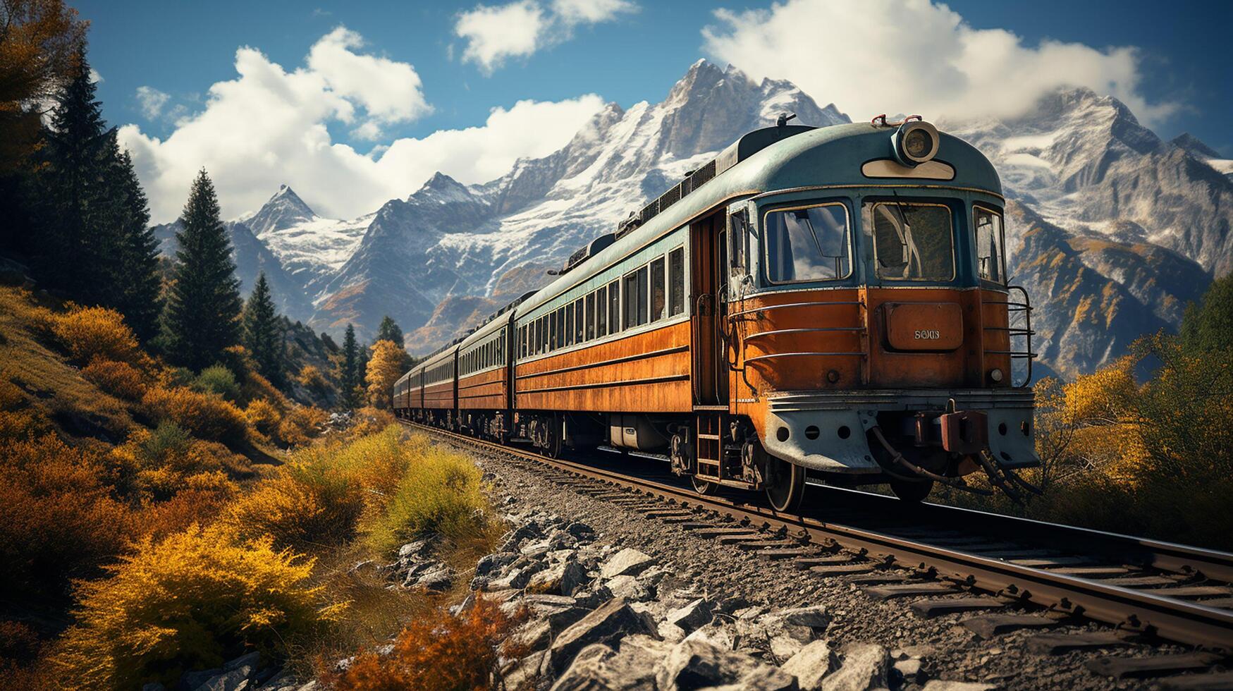 ai generato treno su il Ferrovia, sorprendente montagna sfondo foto