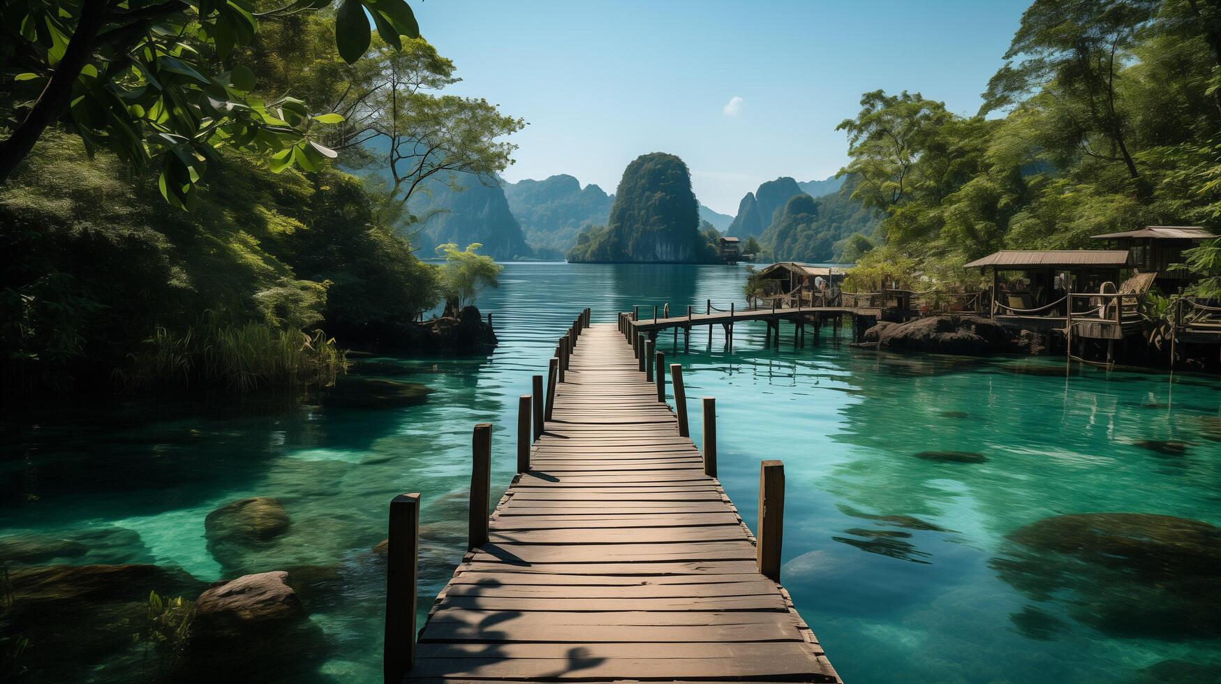 ai generato rilassante su legna ponte nel bellissimo destinazione isola, phang-nga baia, blu cielo, avventura stile di vita viaggio Tailandia, turismo natura paesaggio Asia, turista su estate vacanza foto