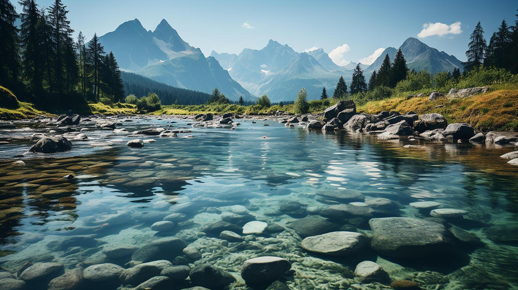 ai generato eccezionale natura paesaggio. bellissimo scena con alto tatra montagna picchi, pietre nel montagna lago, calma lago acqua, riflessione, colorato tramonto cielo. foto