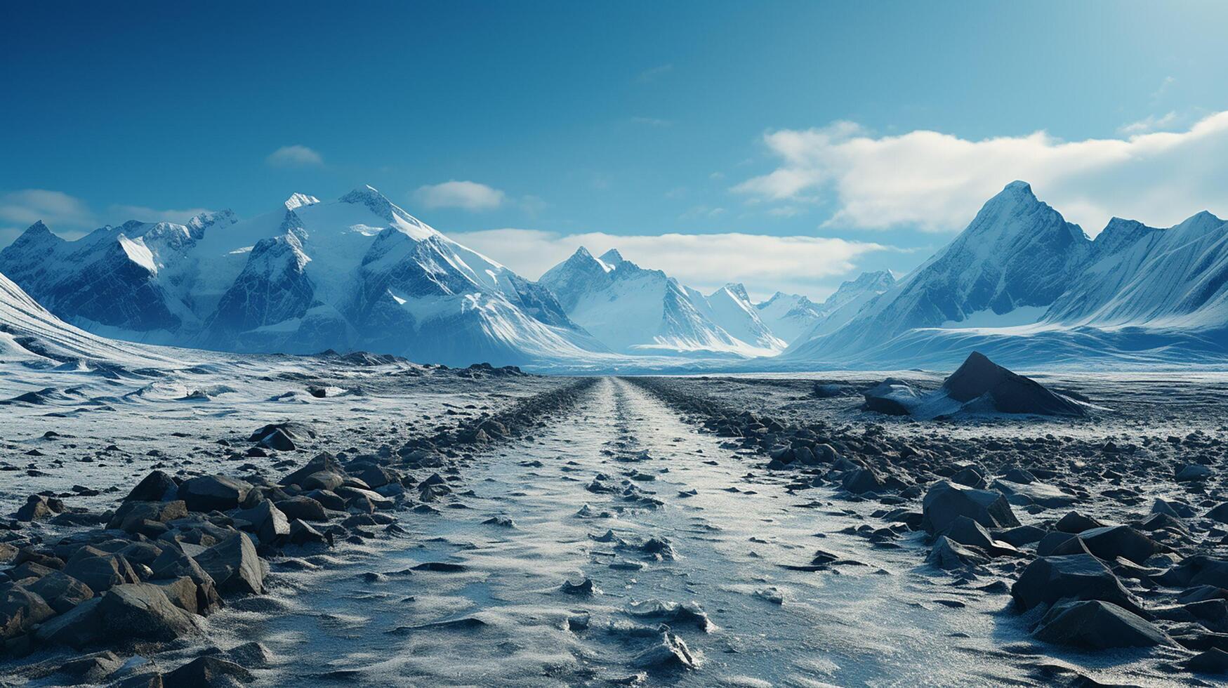 ai generato viaggio per Islanda. strada nel un' luminosa soleggiato montagna paesaggio. vatna vulcano coperto con neve e ghiaccio su tne sfondo foto