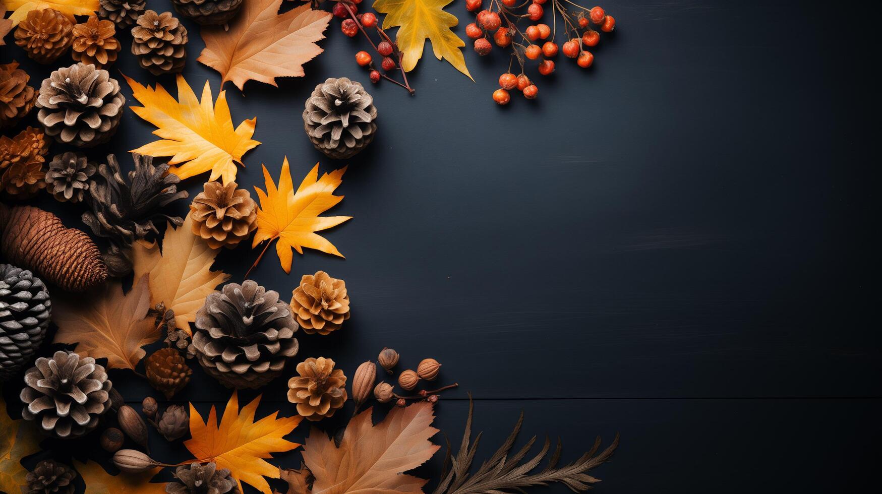 ai generato autunno le foglie con pino coni e frutti di bosco e un' foglio di pergamena carta su un' buio grigio sfondo a partire dal sopra. con spazio per testo. foto