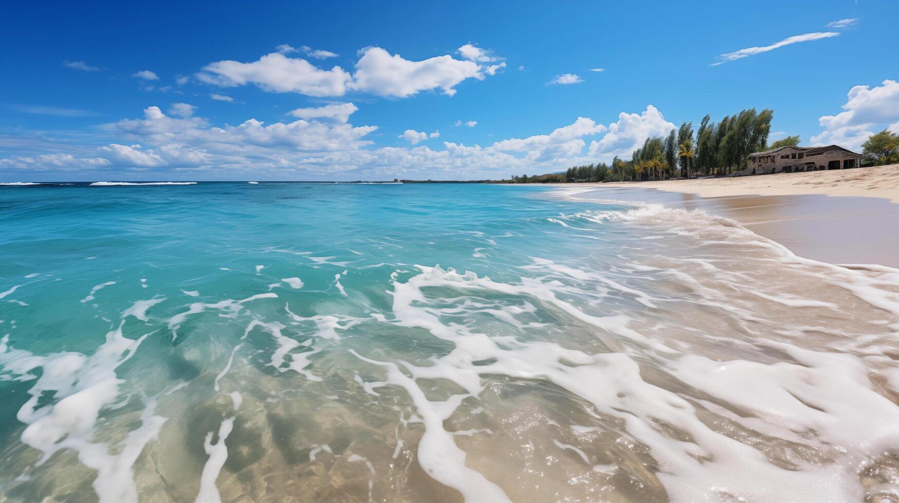 ai generato tropicale Paradiso spiaggia con bianca sabbia e blu mare acqua viaggio turismo largo panorama sfondo concetto. idilliaco spiaggia paesaggio, morbido onde, tranquillo, calmo natura scenario foto