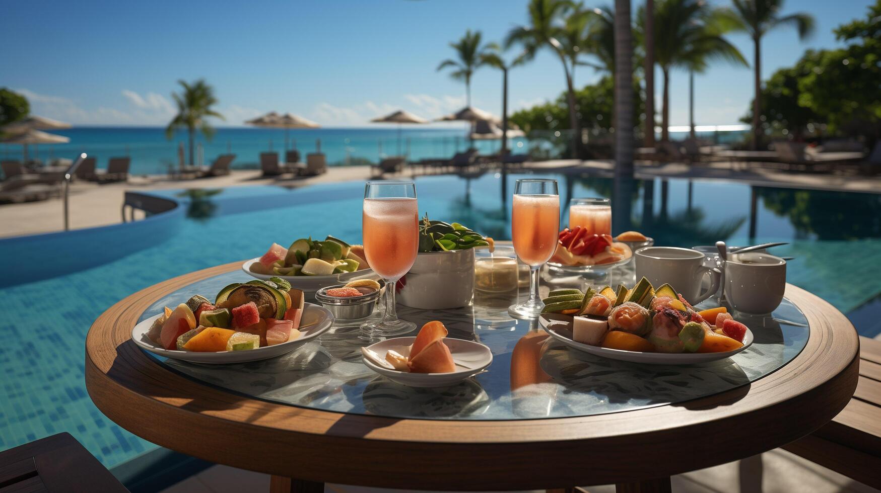 ai generato prima colazione nel nuoto piscina, galleggiante prima colazione nel lussuoso tropicale ricorrere. tavolo rilassante su calma piscina acqua, salutare prima colazione e frutta piatto di ricorrere piscina. foto