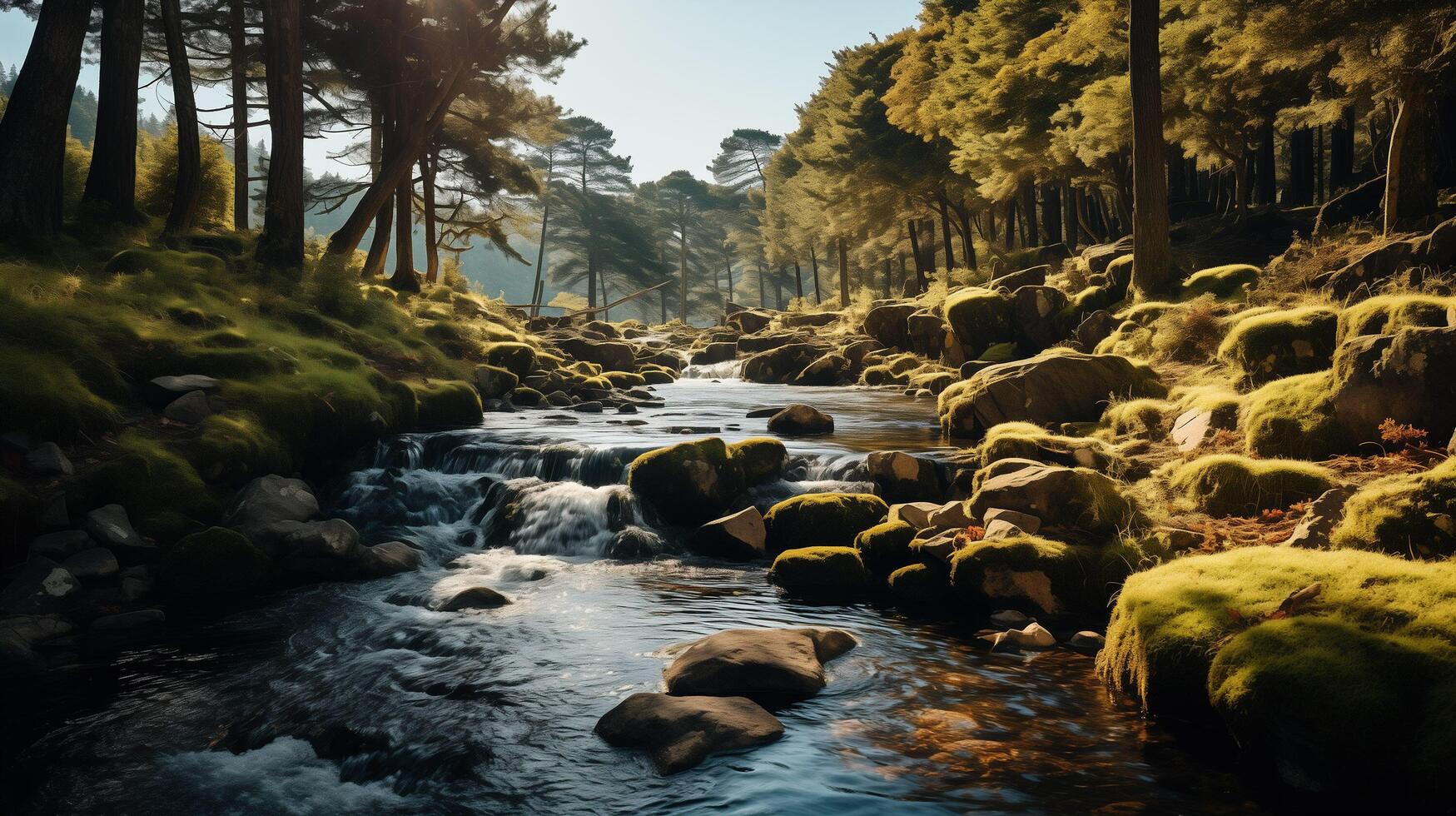 ai generato bellissimo vicino su ecologia natura paesaggio con montagna torrente. astratto lungo esposizione foresta ruscello con pino alberi e verde fogliame sfondo. foto