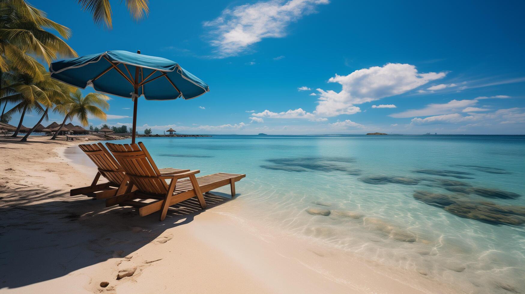 ai generato bellissimo panoramico natura. tropicale spiaggia come estate isola paesaggio con sedie ombrello palma le foglie calma mare costa, costa. foto