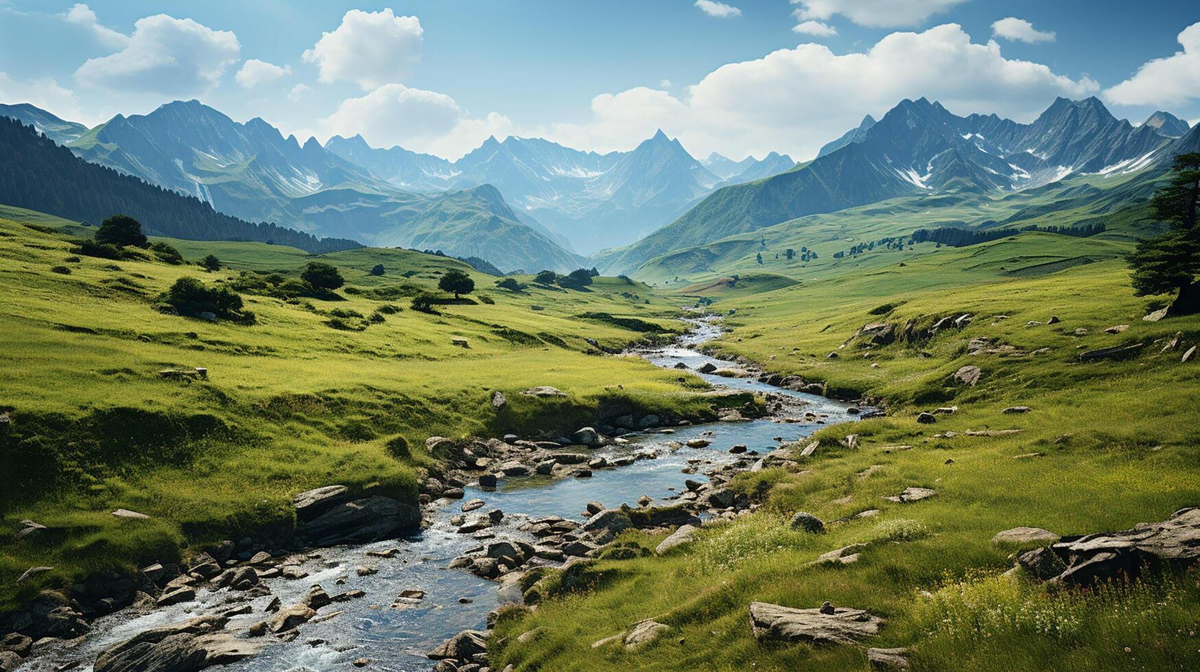 ai generato panoramico Visualizza di montagna e erba coperto colline foto