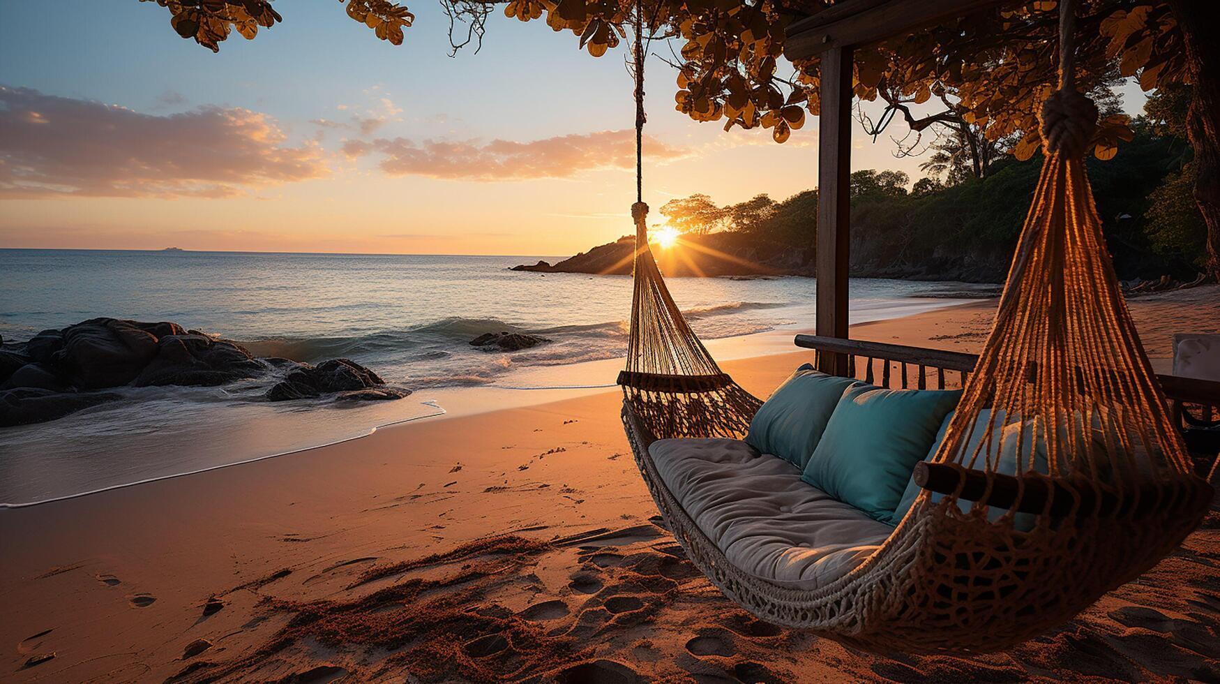 ai generato Alba, tropicale spiaggia Paradiso come estate paesaggio con spiaggia swing o amaca e bianca sabbia, calma mare sereno spiaggia. lusso spiaggia vacanza estate vacanza. foto