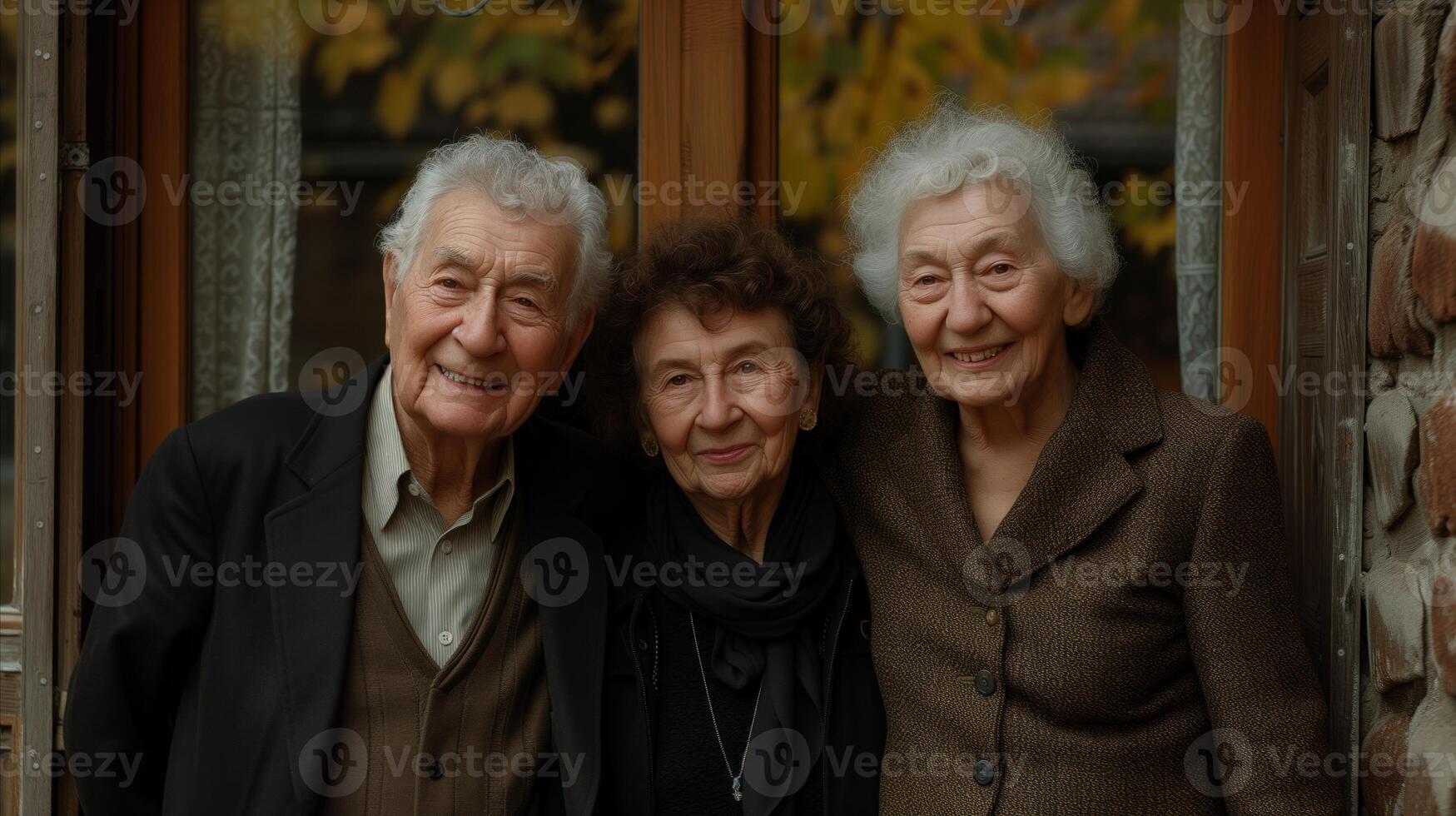 ai generato anziano trio godendo un' riunione al di fuori loro casa a crepuscolo foto