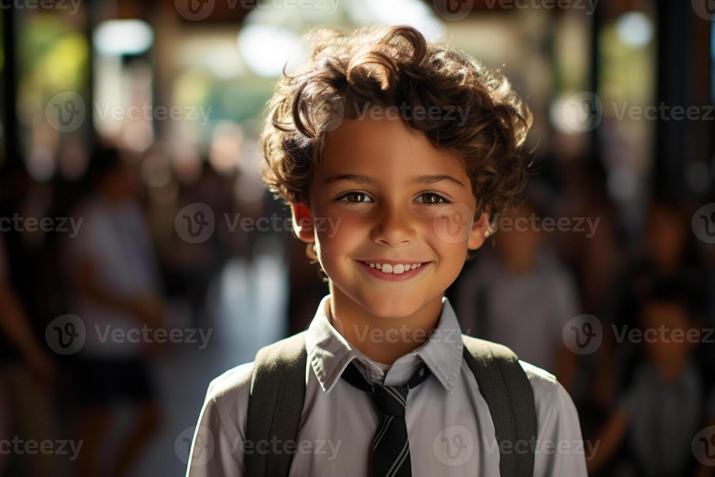 ai generato ritratto di contento scolaro sorridente bello Riccio ragazzo con zaino a scuola. bambini e formazione scolastica foto