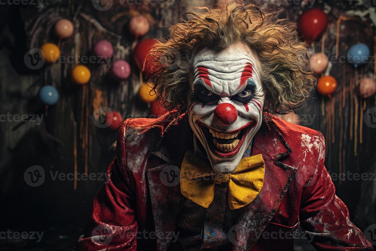 ai generato ridendo pazzo maschio artista con rosso naso e giullare trucco, clown con marcio denti sorridente guardare a telecamera foto