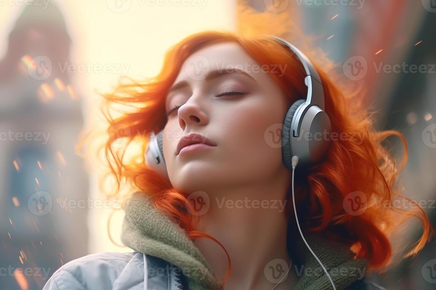 ai generato spensierato rilassante giovane donna con chiuso occhi indossare cuffie ascoltando per musica all'aperto godendo melodia. musica terapia foto