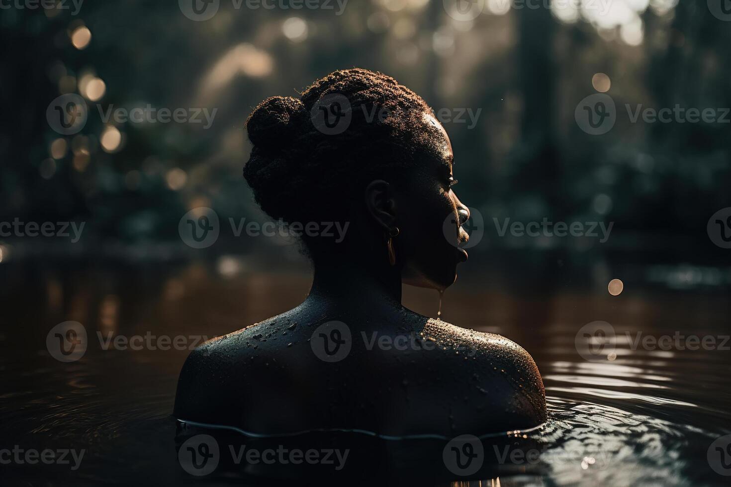 ai generato indietro Visualizza africano americano donna galleggiante nel selvaggio stagno all'aperto, giovane nero donna nel acqua nel natura foto