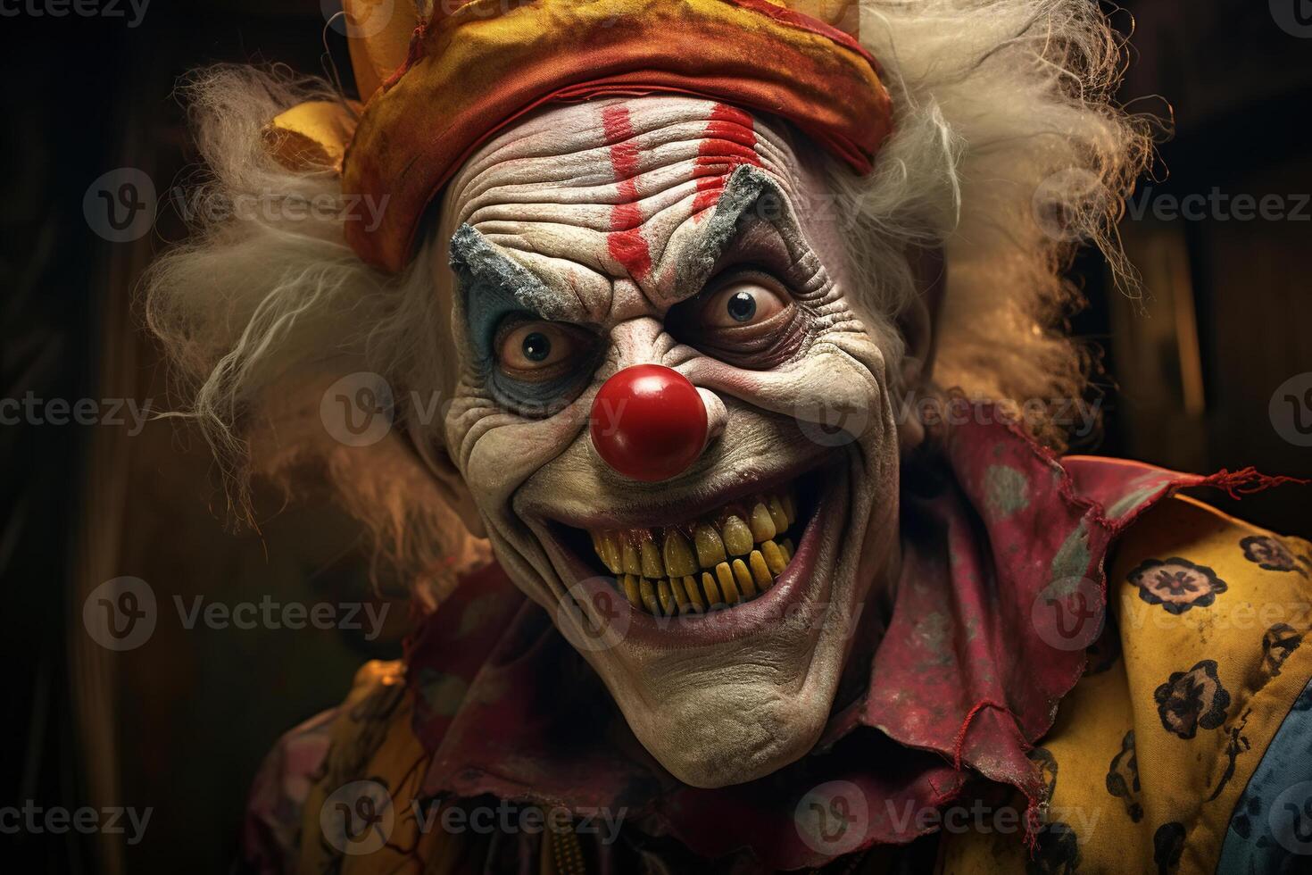 ai generato pazzo ridendo sporco il male clown con marcio denti guardare a telecamera, avvicinamento di pauroso raccapricciante vecchio maschio intrattenitore con trucco e rosso naso foto