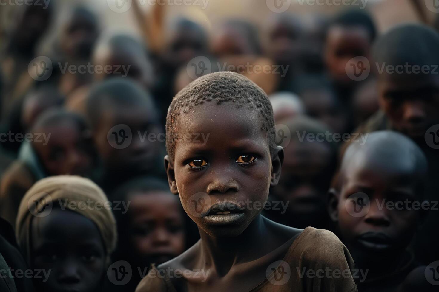 ai generato globale problema di fame e povertà concetto. ritratto gruppo di africano Affamato e povero bambini guardare a telecamera all'aperto foto