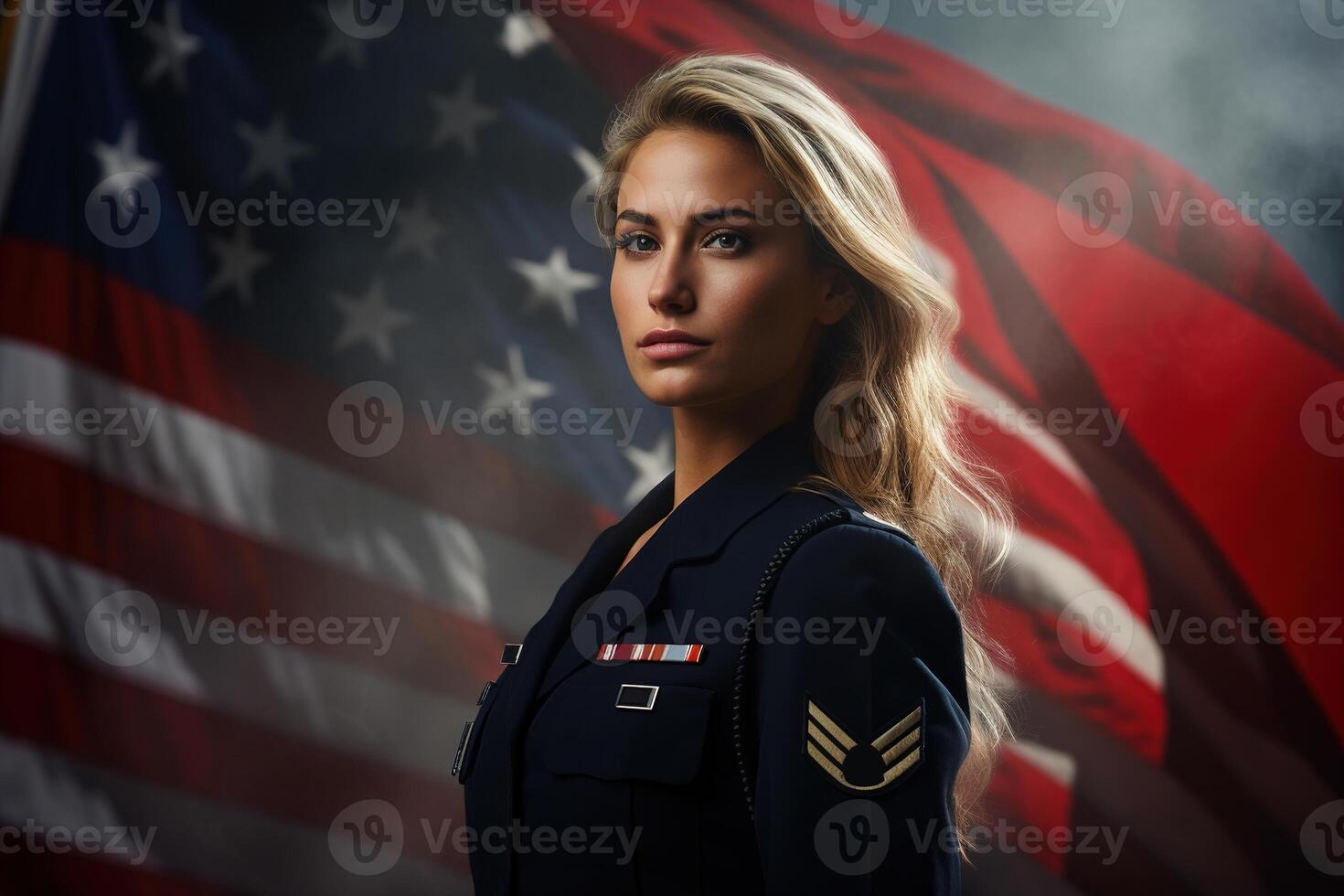 ai generato ritratto caucasico forte orgoglioso giovane donna polizia ufficiale nel uniforme contro sfondo di Stati Uniti d'America bandiera guardare a telecamera foto