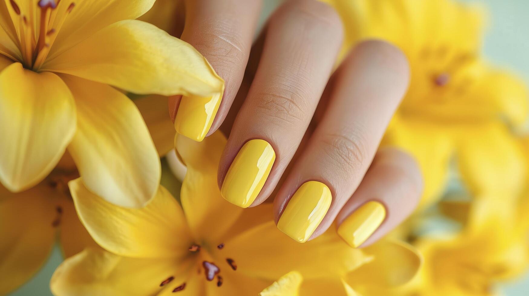 ai generato vicino su bellissimo manicure e giallo fiori foto