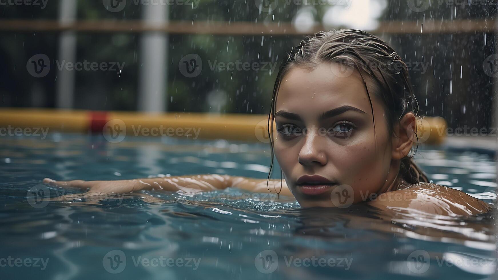 ai generato ritratto di un' bella ragazza nel il piscina, bagnato ritratto, bagnato gir nel il piscina, donna è nuoto nel il piscina foto