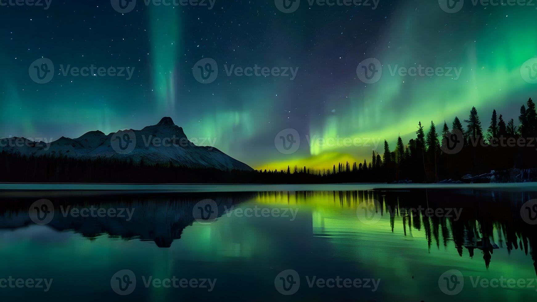 ai generato bellissimo Visualizza di il lago a notte con il silhouette di il foresta e il bellezza di il cielo con il leggero di il aurora foto