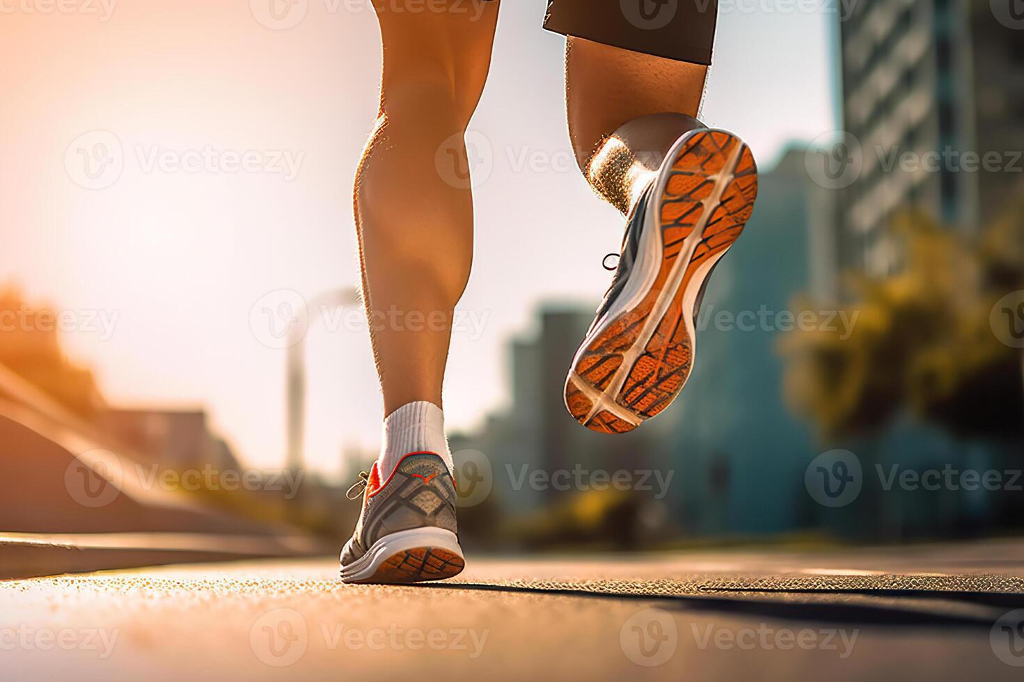 ai generato avvicinamento di dell'uomo sport scarpe da ginnastica e gambe nel movimento. creato con generativo ai foto