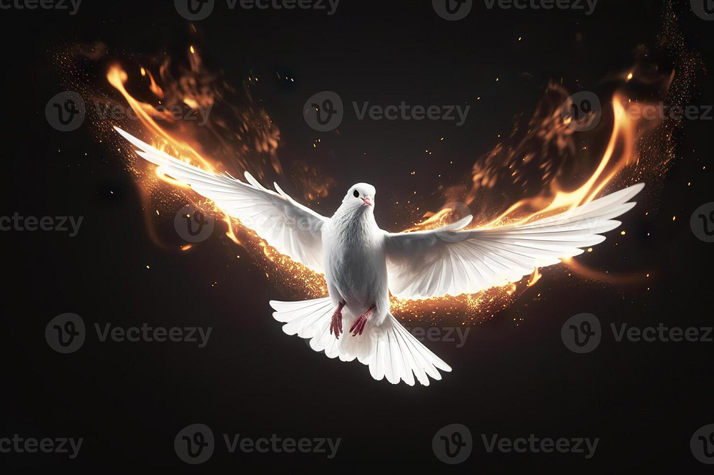 ai generato volante bianca colomba con ardente splendore su un' buio sfondo, incarnando pace e il i regali di il santo spirito. creato con generativo ai foto