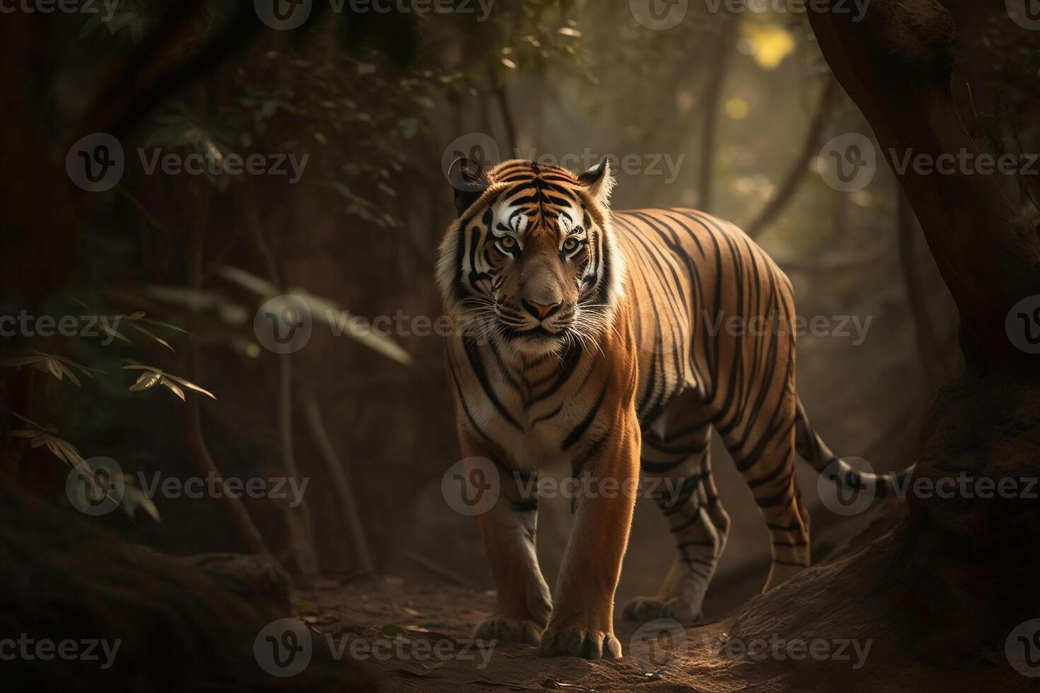 ai generato maestoso tigre in piedi ancora nel il foresta. creato con generativo ai foto