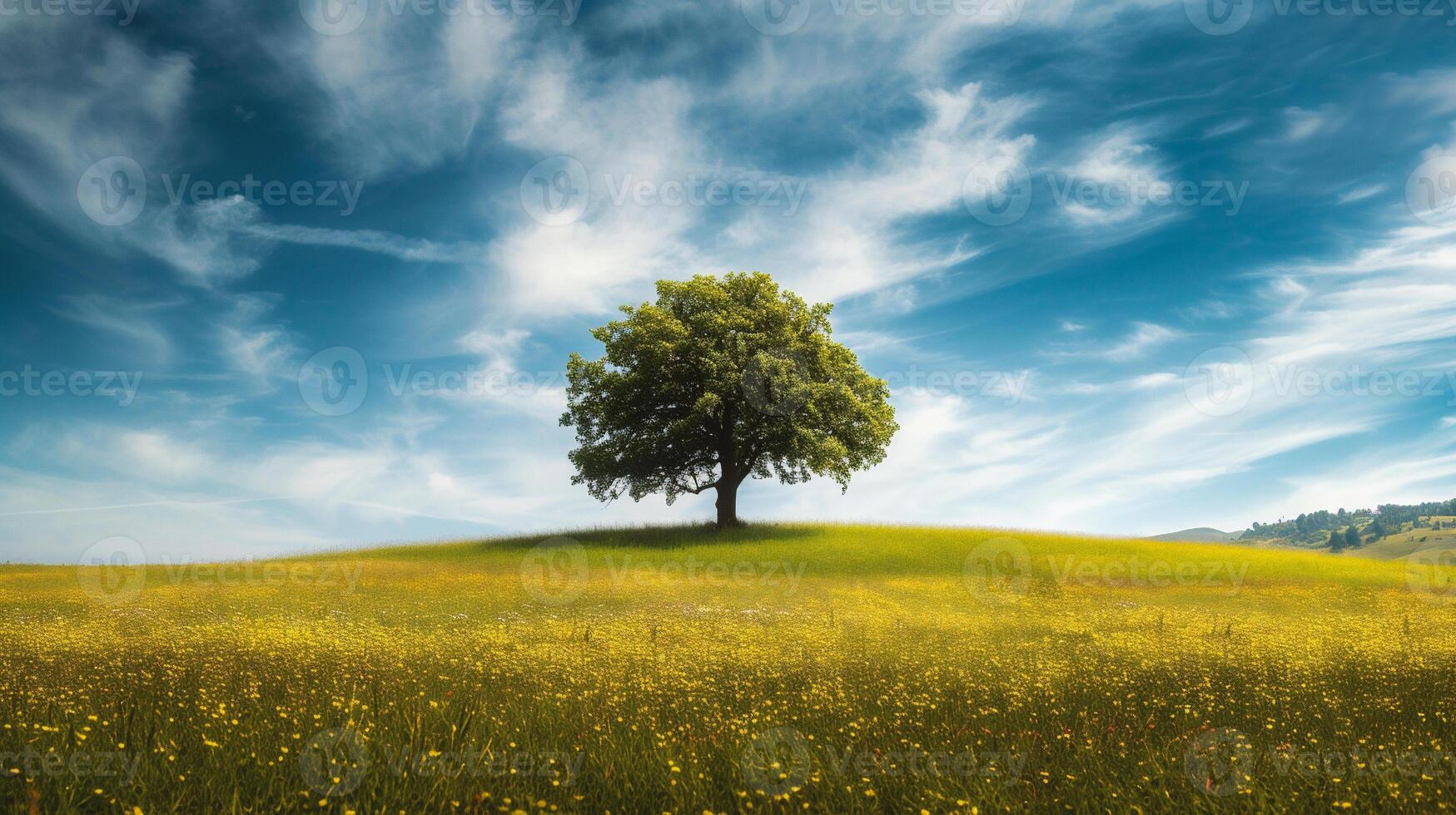 ai generato solitario albero su un' verde prato sotto blu cielo con nuvole foto