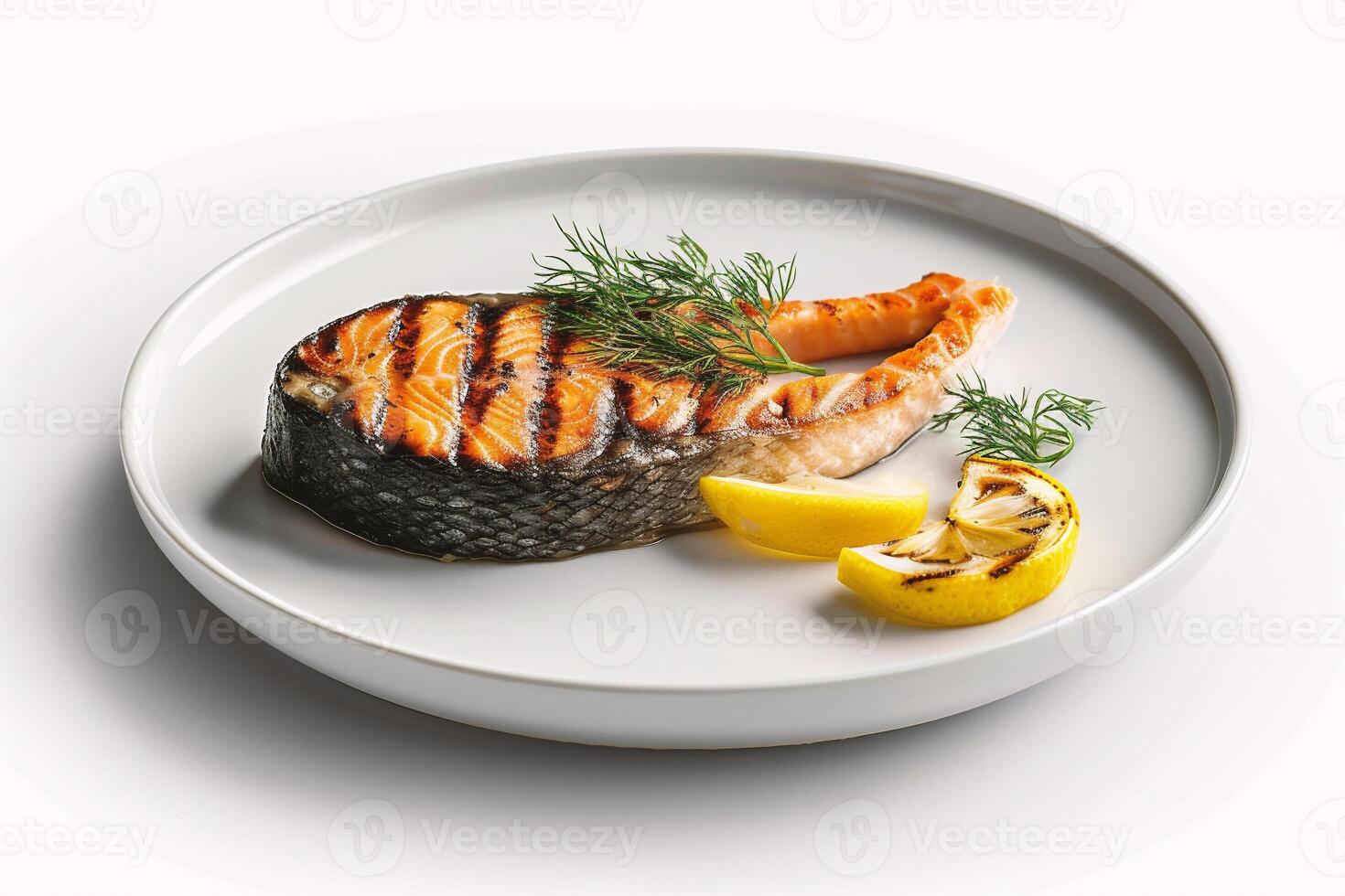 ai generato grigliato salmone bistecca con Limone e aneto su un' bianca piatto foto