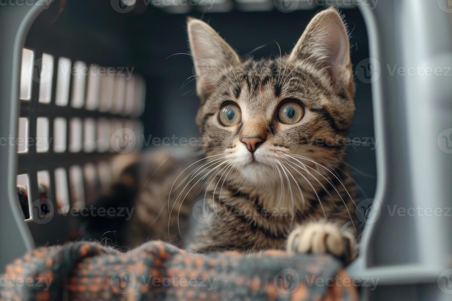 ai generato carino soriano gatto seduta nel animale domestico vettore scatola. ai generato foto