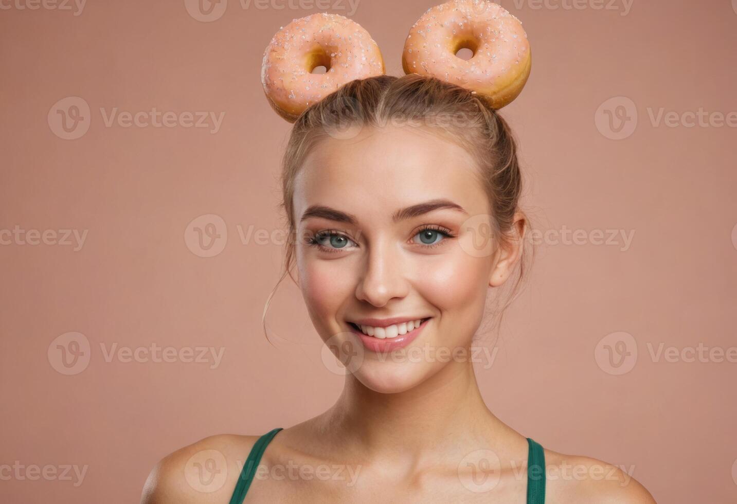 ai generato giovane donna con un' giocoso ciambella pettinatura sorridente con gioia. sua casuale stile e trucco esemplificare giovanile divertimento. foto