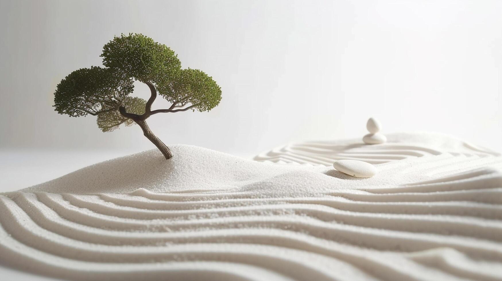 ai generato zen giardino mostrare un' minimalista zen giardino con rastrellato sabbia liscio pietre e Bonsai alberi come qualcuno pratiche seduto meditazione o passeggiate consapevolmente lungo un' ghiaia sentiero foto