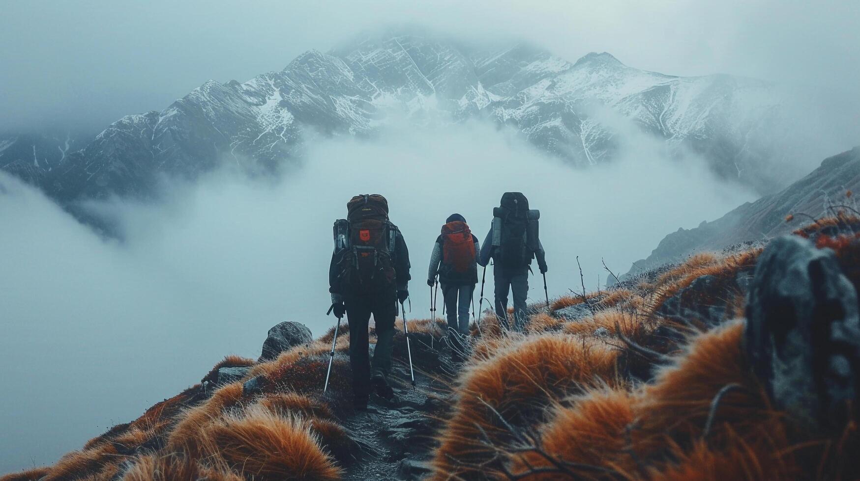 ai generato un' gruppo di amici escursioni a piedi insieme nel il montagne foto