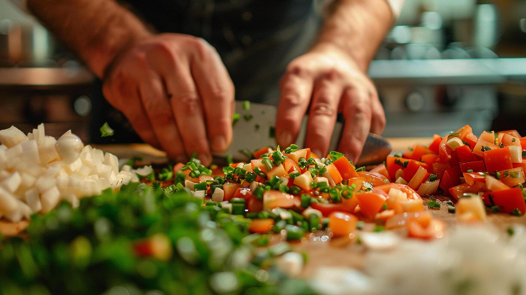 ai generato un' vicino su di un' persone mani chopping fresco verdure foto