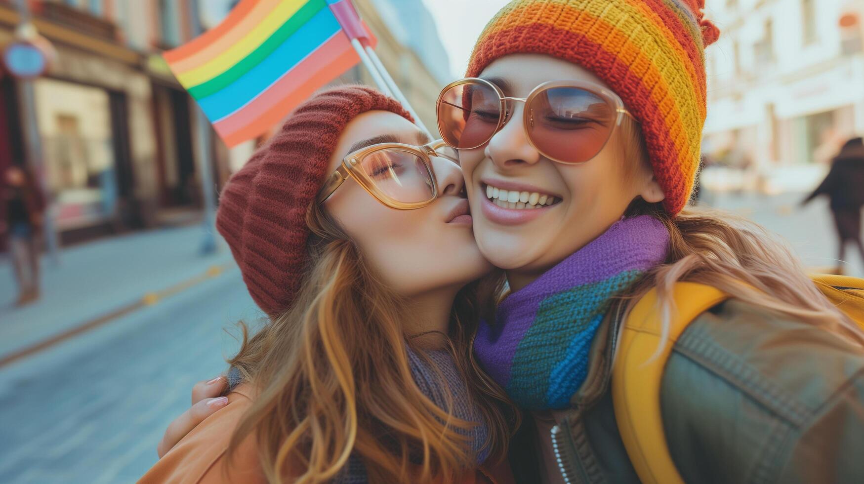 ai generato allegro contento lesbica coppia baci e abbracciare con arcobaleno bandiera durante il LGBTQ parata nel il strada foto