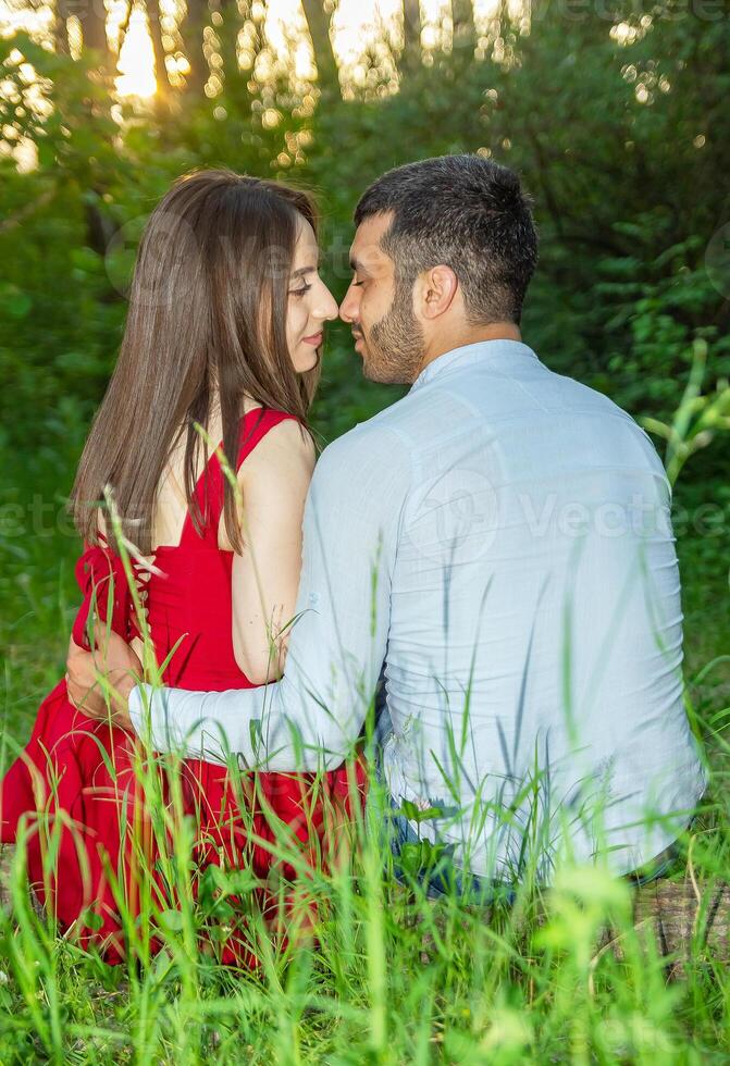 romantico coppia nel il giardino, coppia nel il natura foto