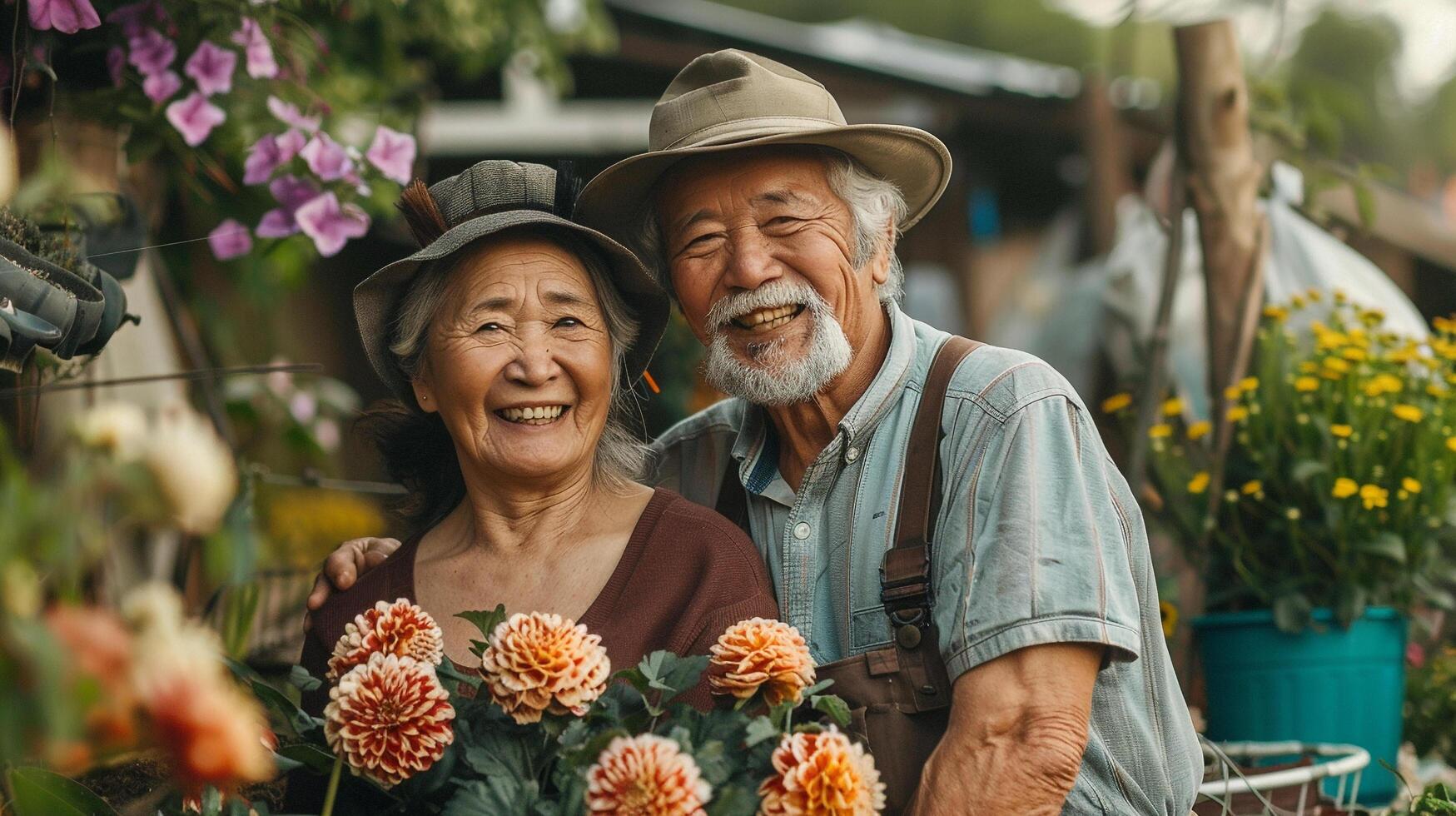 ai generato asiatico anziano coppia soggiorno attivo di giardinaggio insieme foto