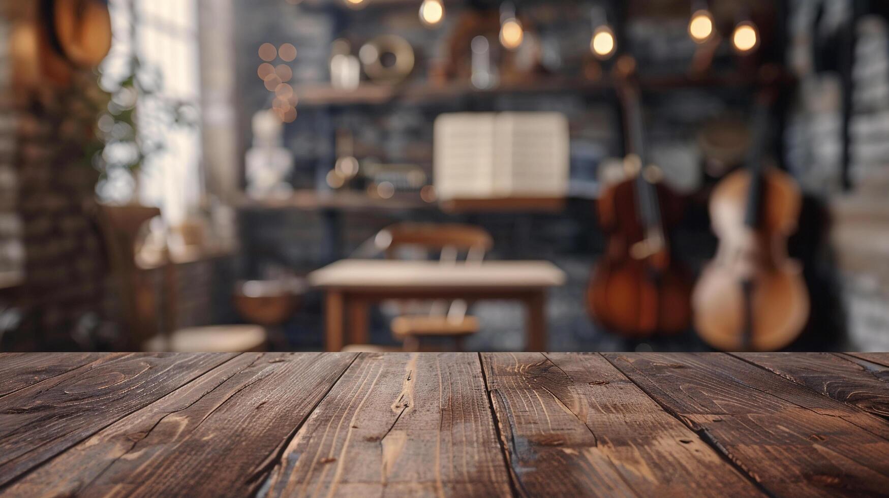 ai generato un' vuoto di legno tavolo con sfocato musicale strumenti e foglio musica nel il sfondo ideale per promozione musica relazionato prodotti foto