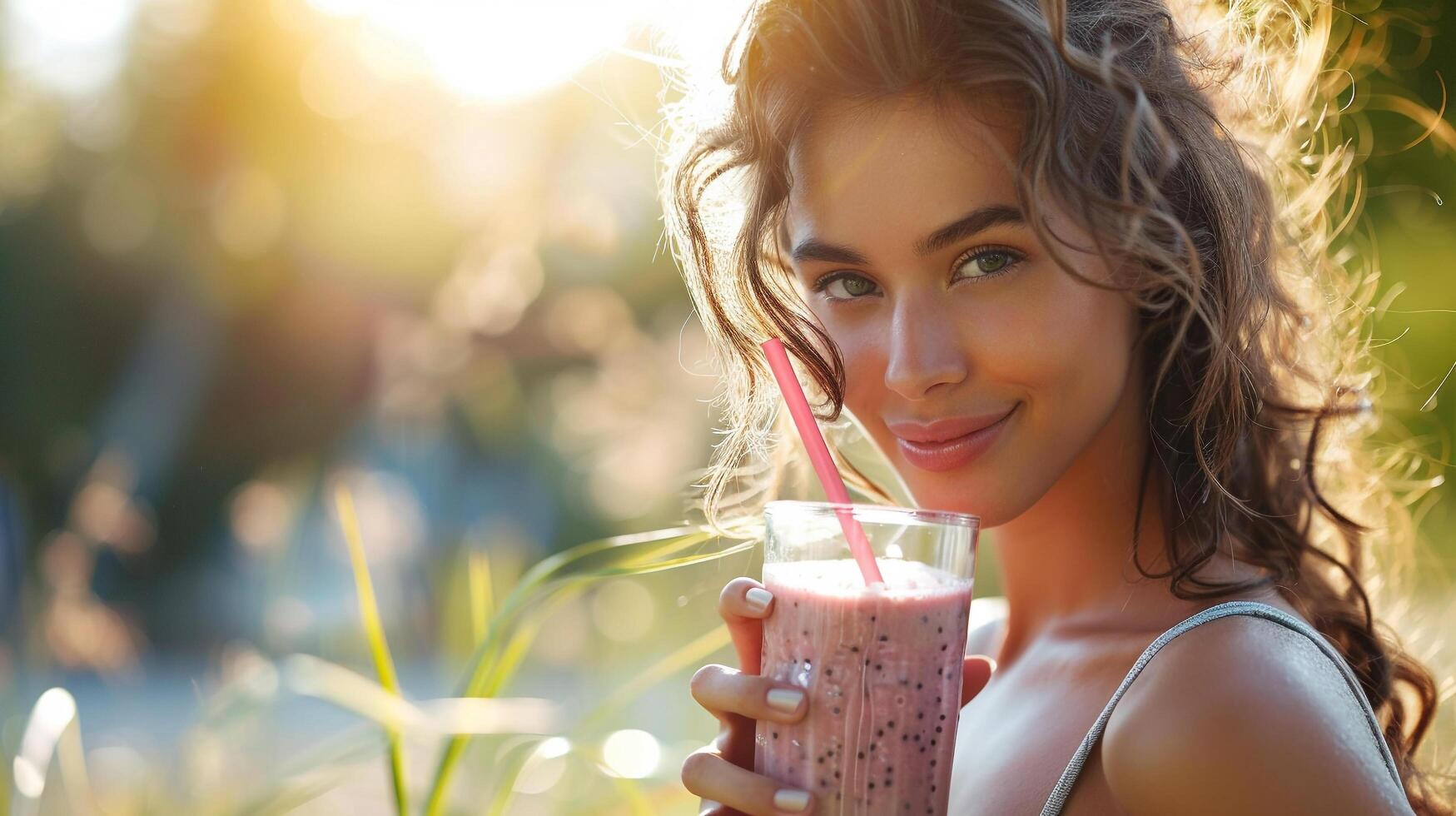 ai generato un' donna godendo un' salutare frullato dopo un' allenarsi foto