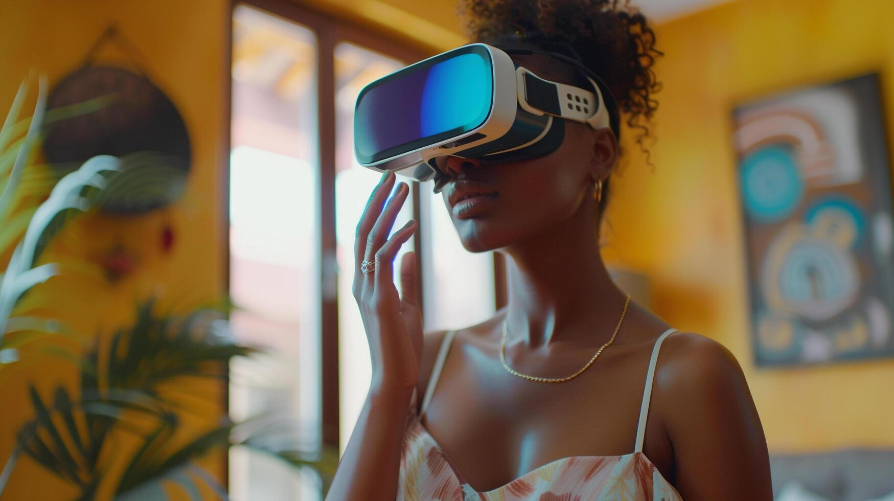 ai generato africano americano giovane donna indossare utilizzando virtuale la realtà metaverso vr bicchieri cuffia a casa ragazza toccante aria durante vr Esperienza foto