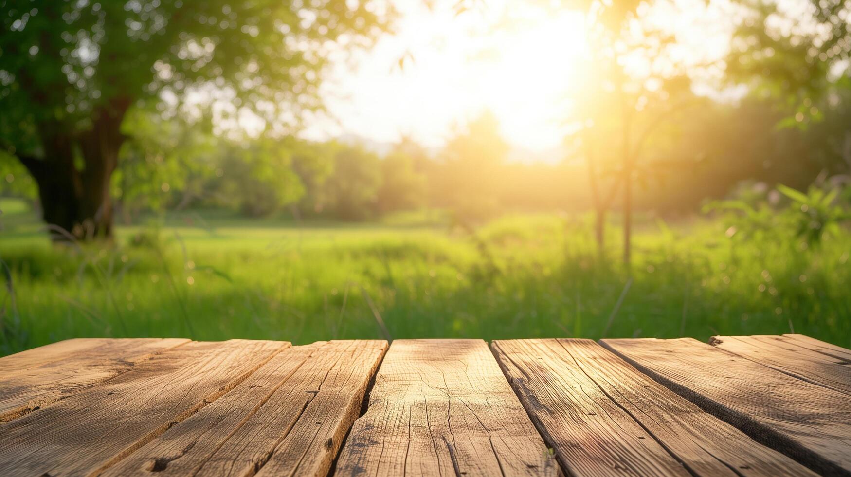 ai generato astratto vuoto di legno scrivania tavolo con copia spazio al di sopra di primavera e estate sfocato sfondo, Schermo per Prodotto montaggio foto