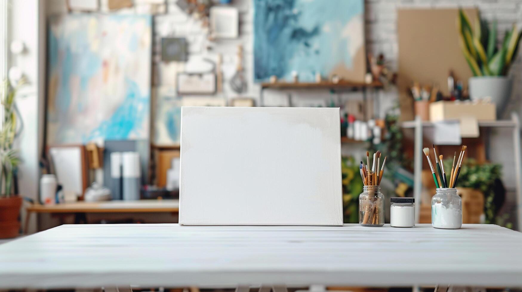 ai generato vuoto bianca tela su tavolo con sfocato arte forniture sfondo ideale per in mostra arte o mestiere prodotti foto