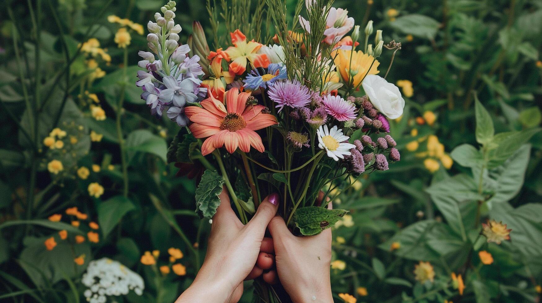 ai generato un' paio di mani Tenere un' appena raccolto mazzo di fiori selvatici contro un' fondale di lussureggiante primavera fogliame foto