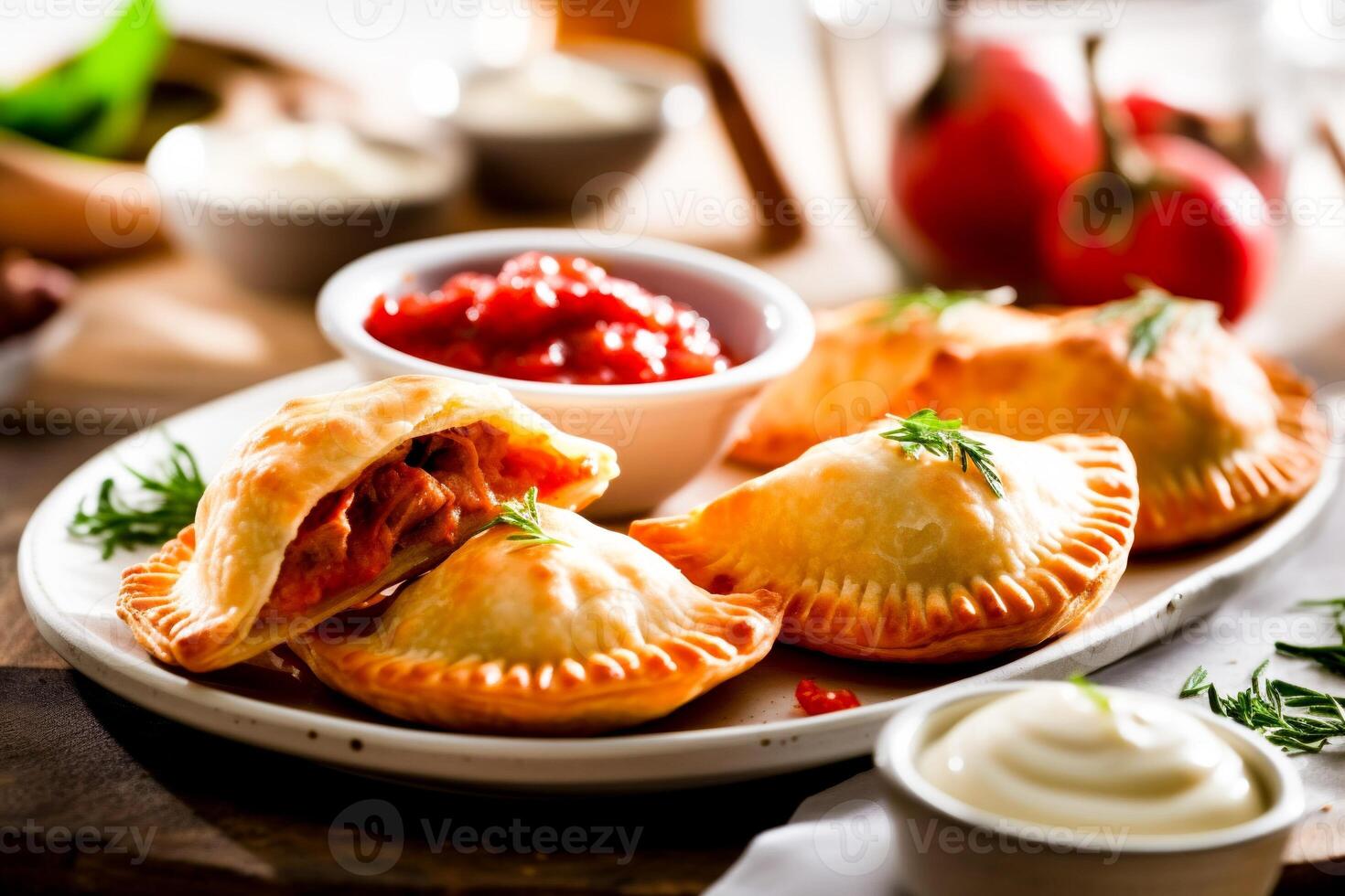 ai generato salato empanadas su piastra.marrone-dorato empanadas pieno con un' salato mescolare, servito con immersione salse su un' bianca piatto. foto