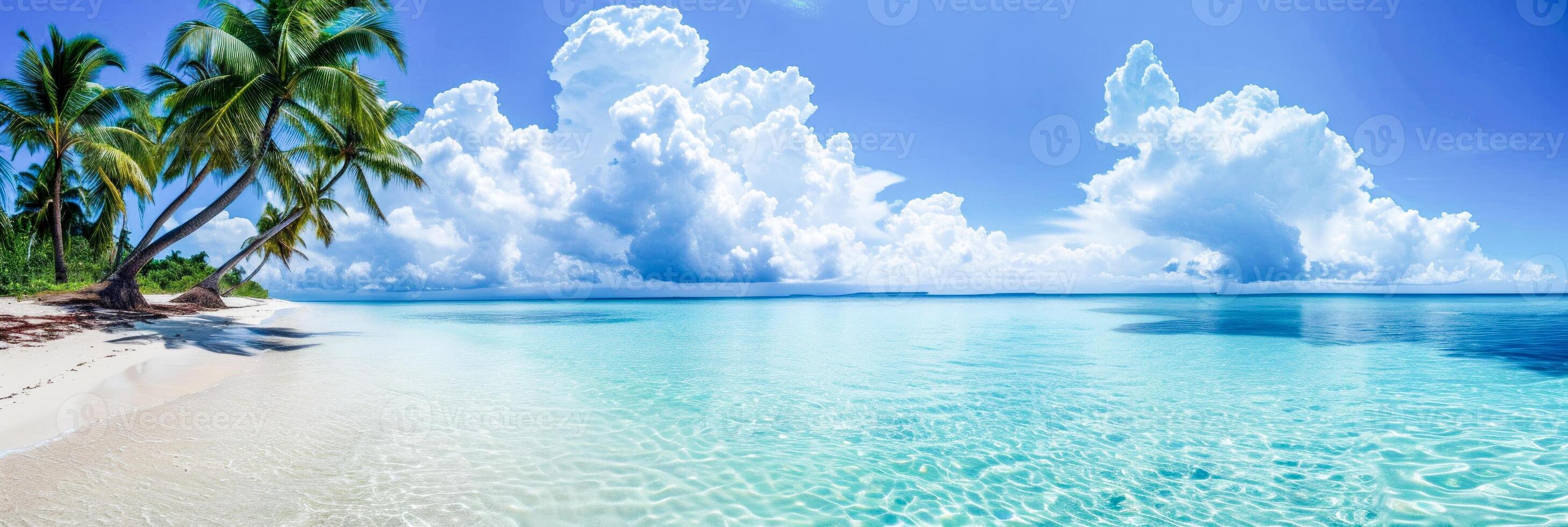 ai generato panoramico Visualizza di un' silenzioso tropicale spiaggia con palma alberi, bianca sabbia e cumulo nuvole al di sopra di turchese acqua.viaggio agenzia pubblicità, ricorrere pubblicità, rilassamento e benessere foto