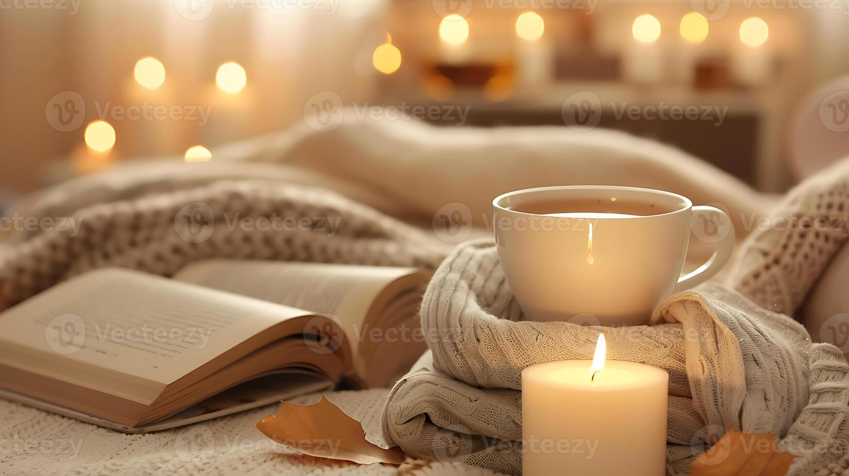 ai generato rilassante autunno lettura con un' caldo tazza di tè e lume di candela foto