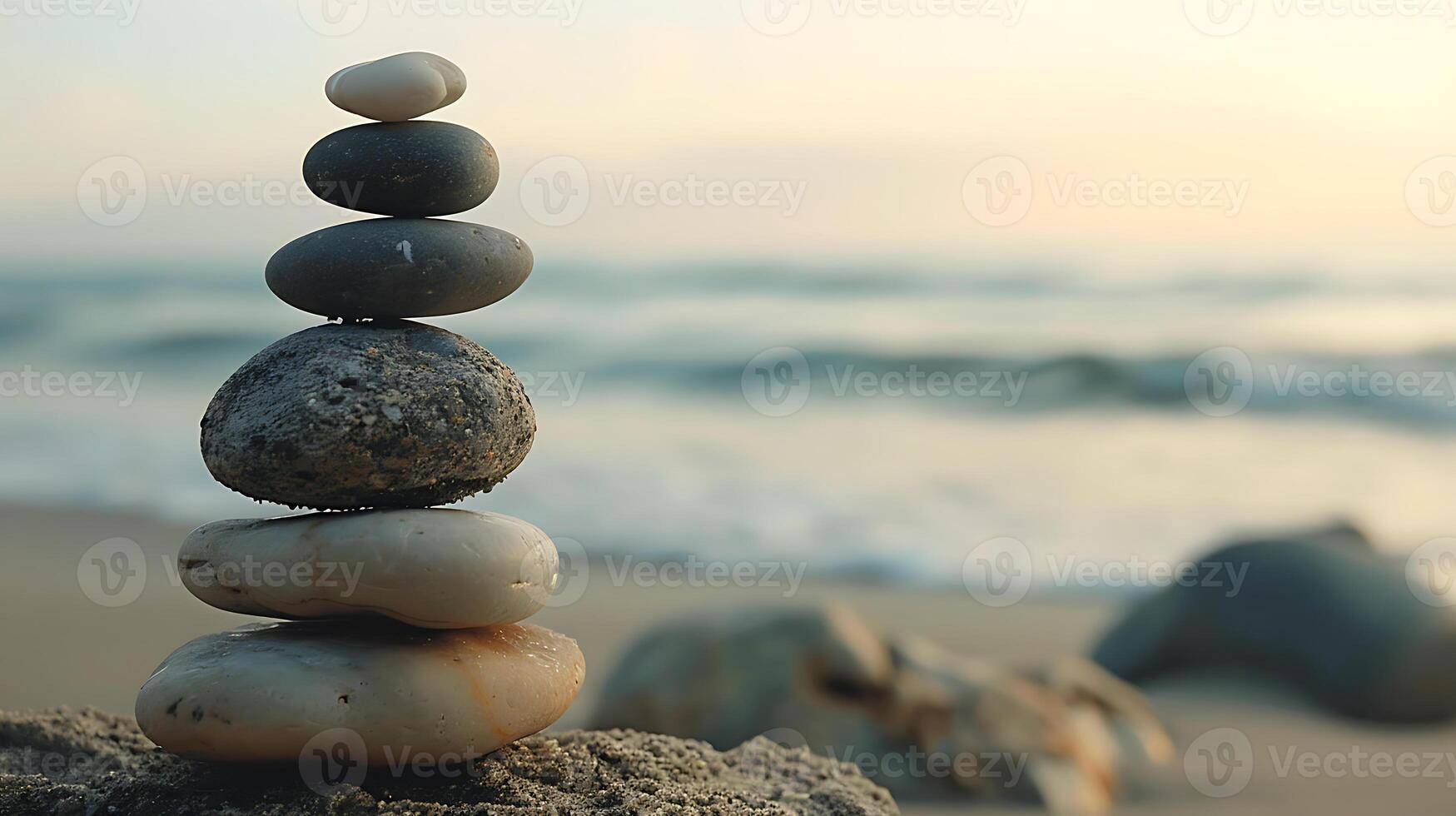 ai generato equilibrato roccia Torre su sabbioso spiaggia a crepuscolo foto