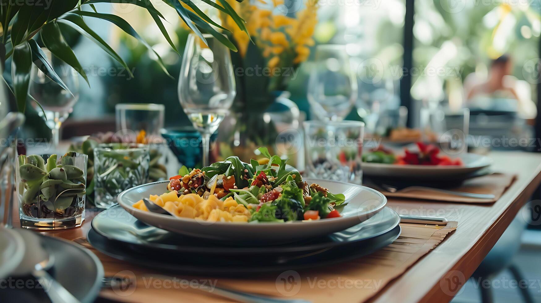 ai generato elegante all'aperto cenare con fresco insalata su tavolo foto