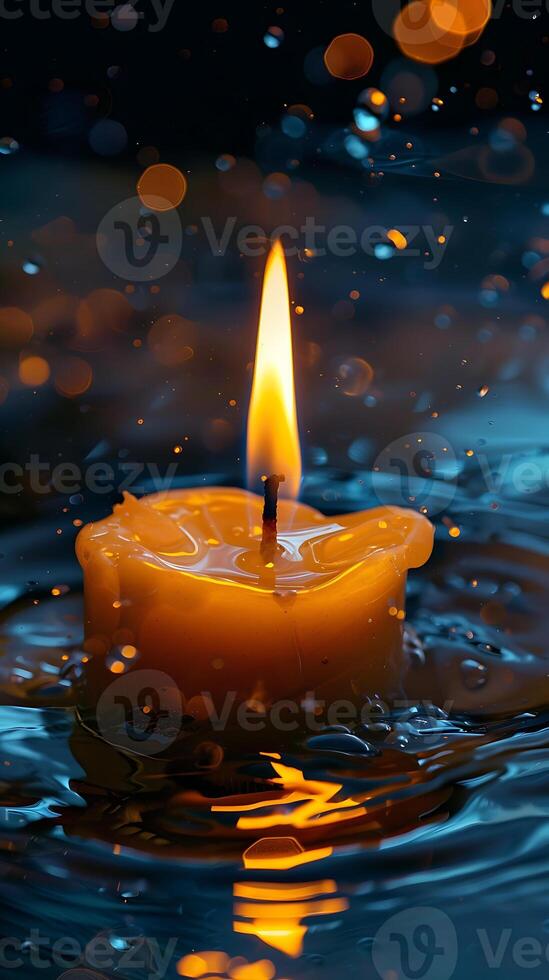 ai generato vicino su di illuminato candela con riflessione su acqua superficie foto