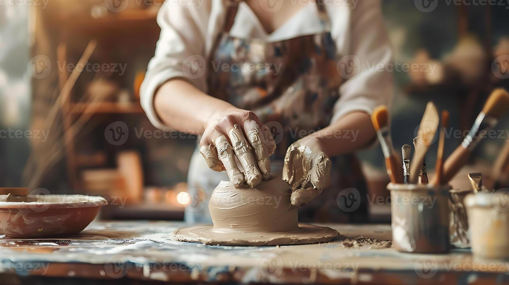 ai generato dell'artista mani lavorazione ceramica su ruota nel studio foto