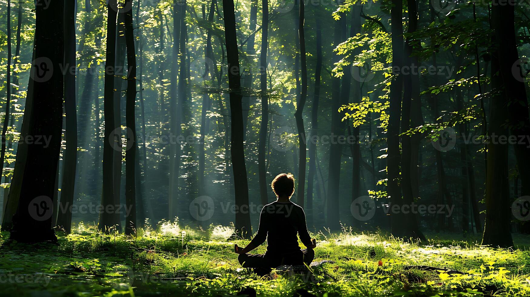 ai generato tranquillo, calmo meditativo posa nel illuminata dal sole boschi foto