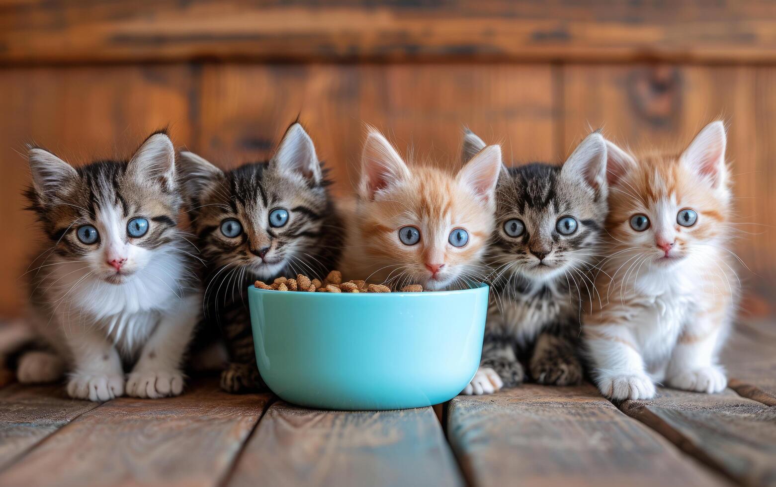 ai generato diverso rivestito gattini adorabilmente raccogliere per un' pasto nel un' blu ciotola, guardando a il telecamera foto